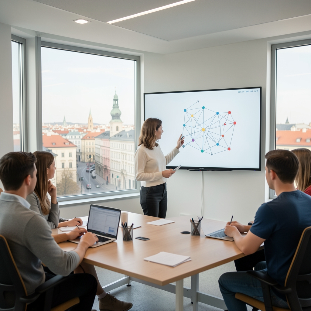 Světlá moderní kancelář s výhledem na centrum Prahy, kde lektor ukazuje studentům diagram neuronové sítě na interaktivní tabuli