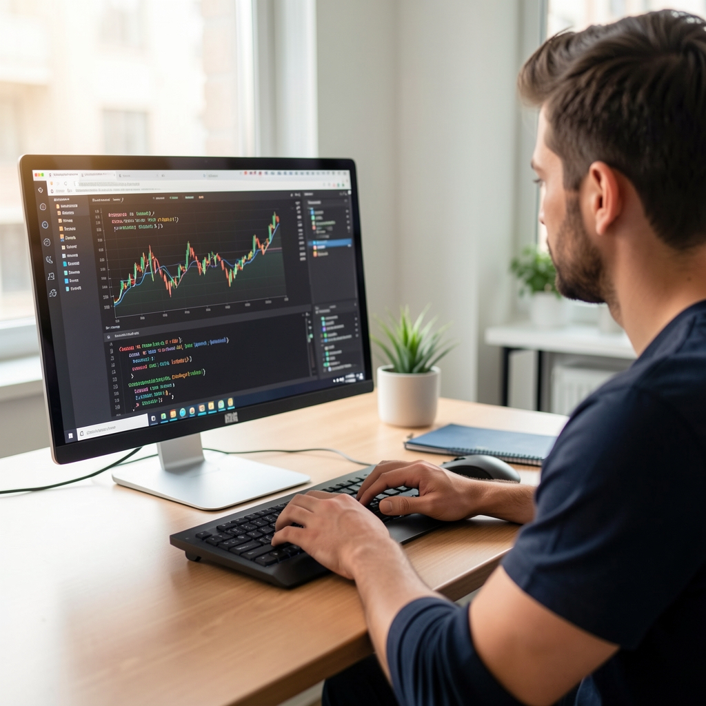 Vývojář pracující v Jupyter Notebooku s Pythonem, zobrazující grafy a kód pro analýzu dat pomocí Pandas a scikit-learn