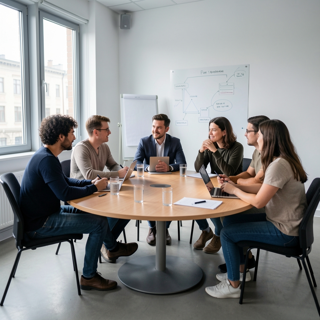 Interaktivní workshop o etice umělé inteligence s účastníky diskutujícími u kulatého stolu