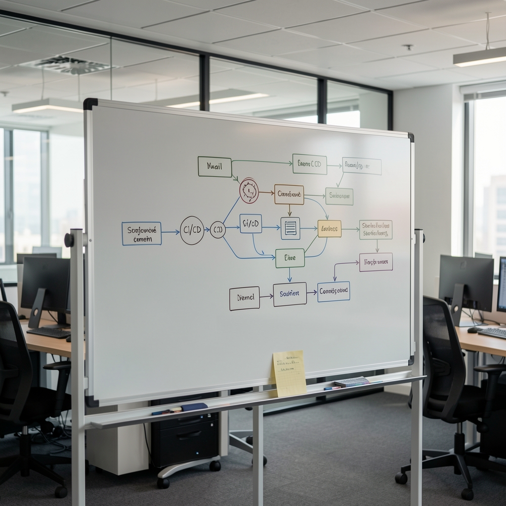 Schéma CI/CD pipeline pro strojové učení zobrazené na tabuli v kanceláři datového inženýra
