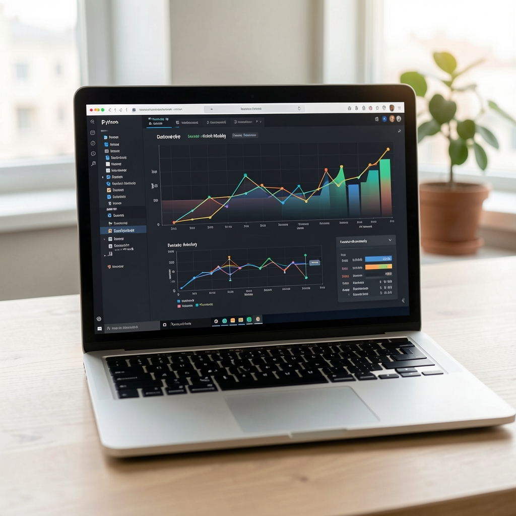 Datové grafy a statistické modely na monitoru notebooku s Pythonem, ilustrující strojové učení a prediktivní analytiku