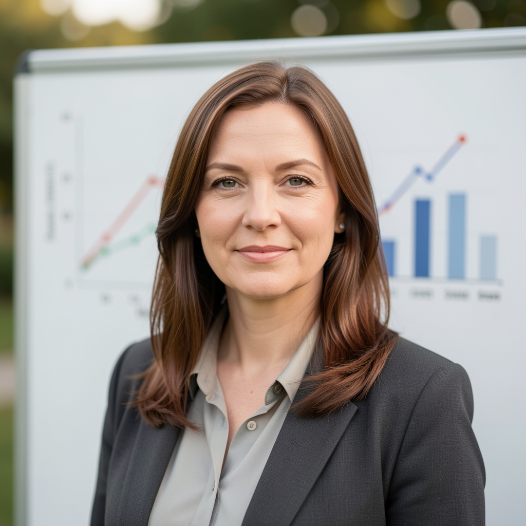 Portrét Lucie Marešové, lektorky datové vědy, žena s hnědými vlasy v profesionálním oblečení před bílou tabulí s grafy