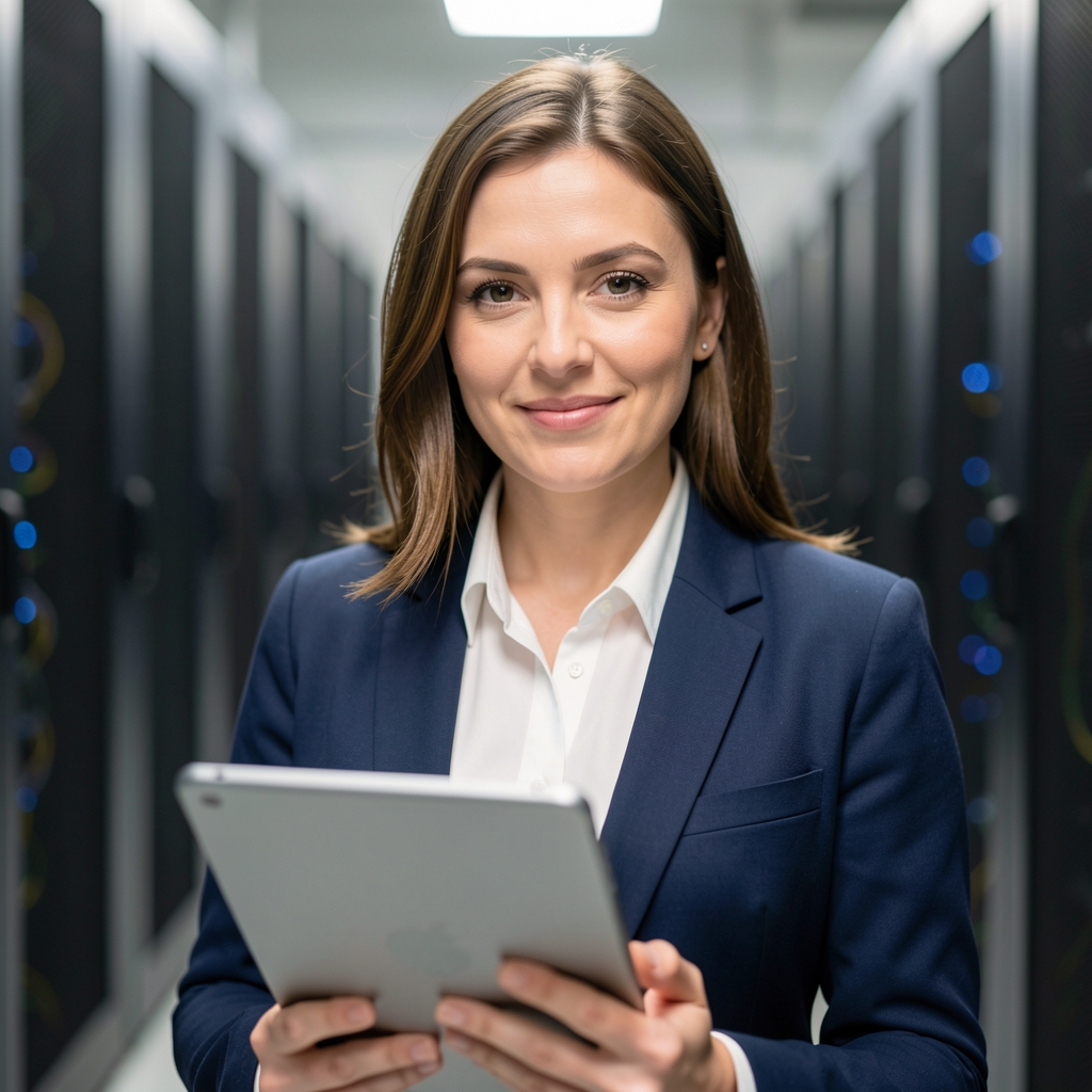 Portrét Petry Noskové, lektorky MLOps a cloudové infrastruktury, žena s tabletou v moderním serverovém centru